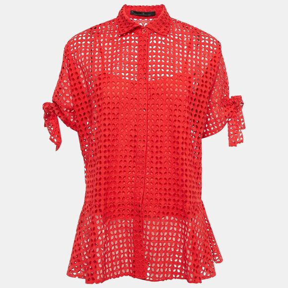 Ch Carolina Herrera Red Cotton Lace Loose Fit Shirt Xs